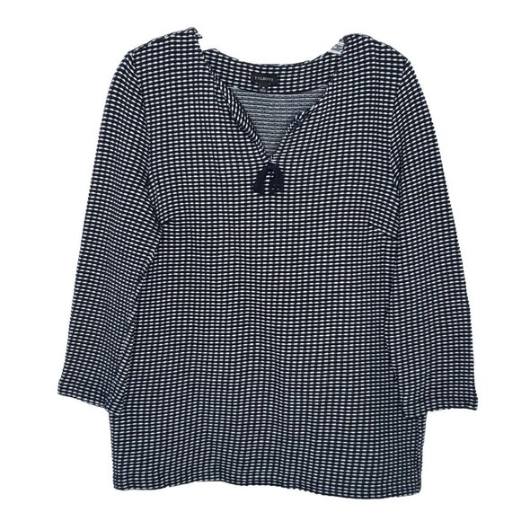 Talbots Waffle Weave Knit Shirt Top Sz M Navy Blue White V Neck 3/4 Sleeve - Picture 1 of 5